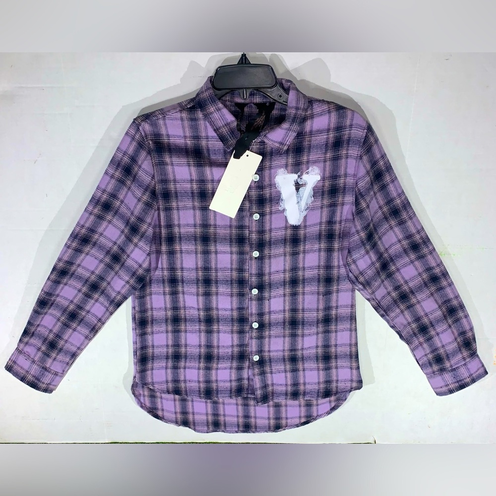 NWT VLONE purple/black double sided long sleeve flannel button-up shirt size M